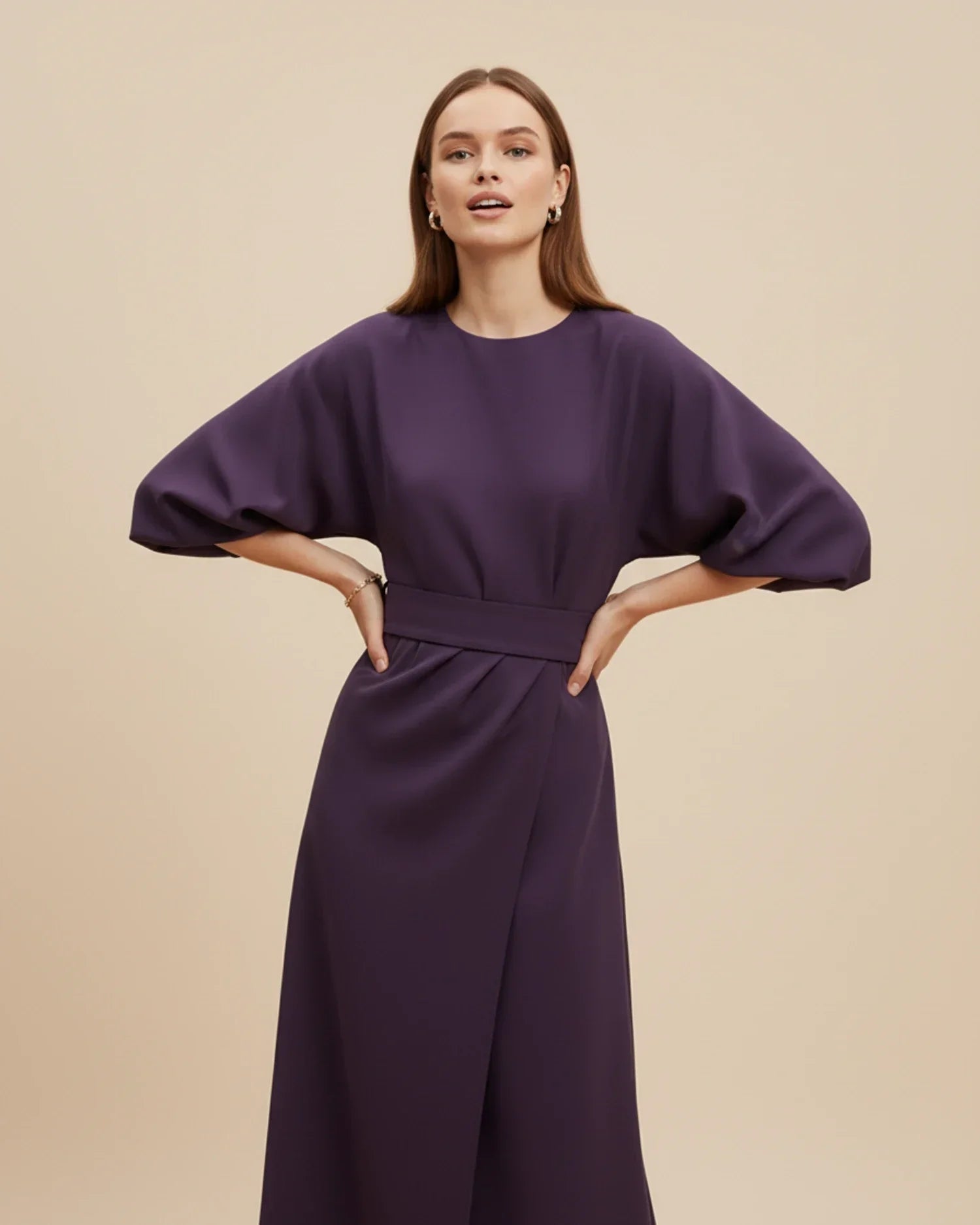 Dames Midi Jurk Lantaarnmouwen met Riem