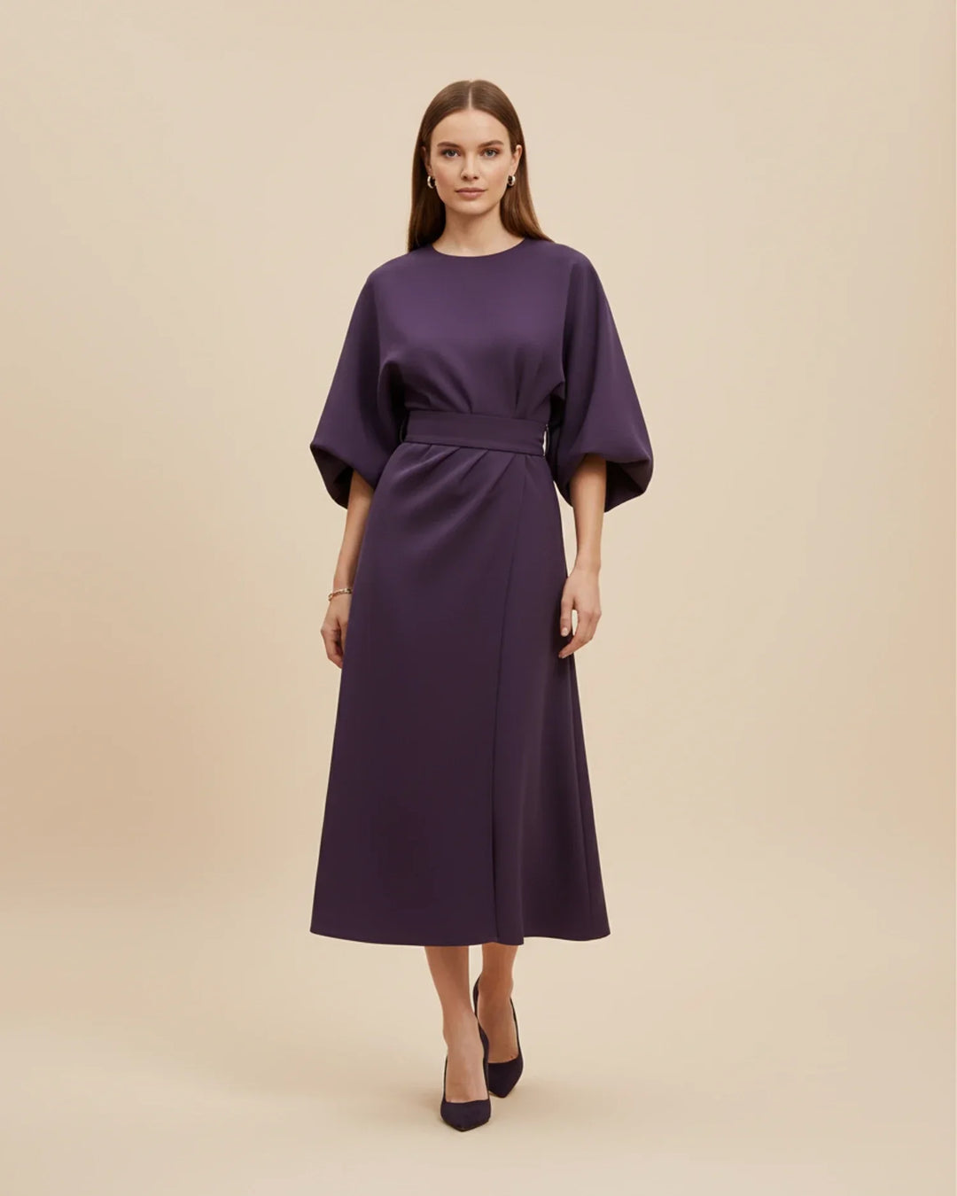 Dames Midi Jurk Lantaarnmouwen met Riem
