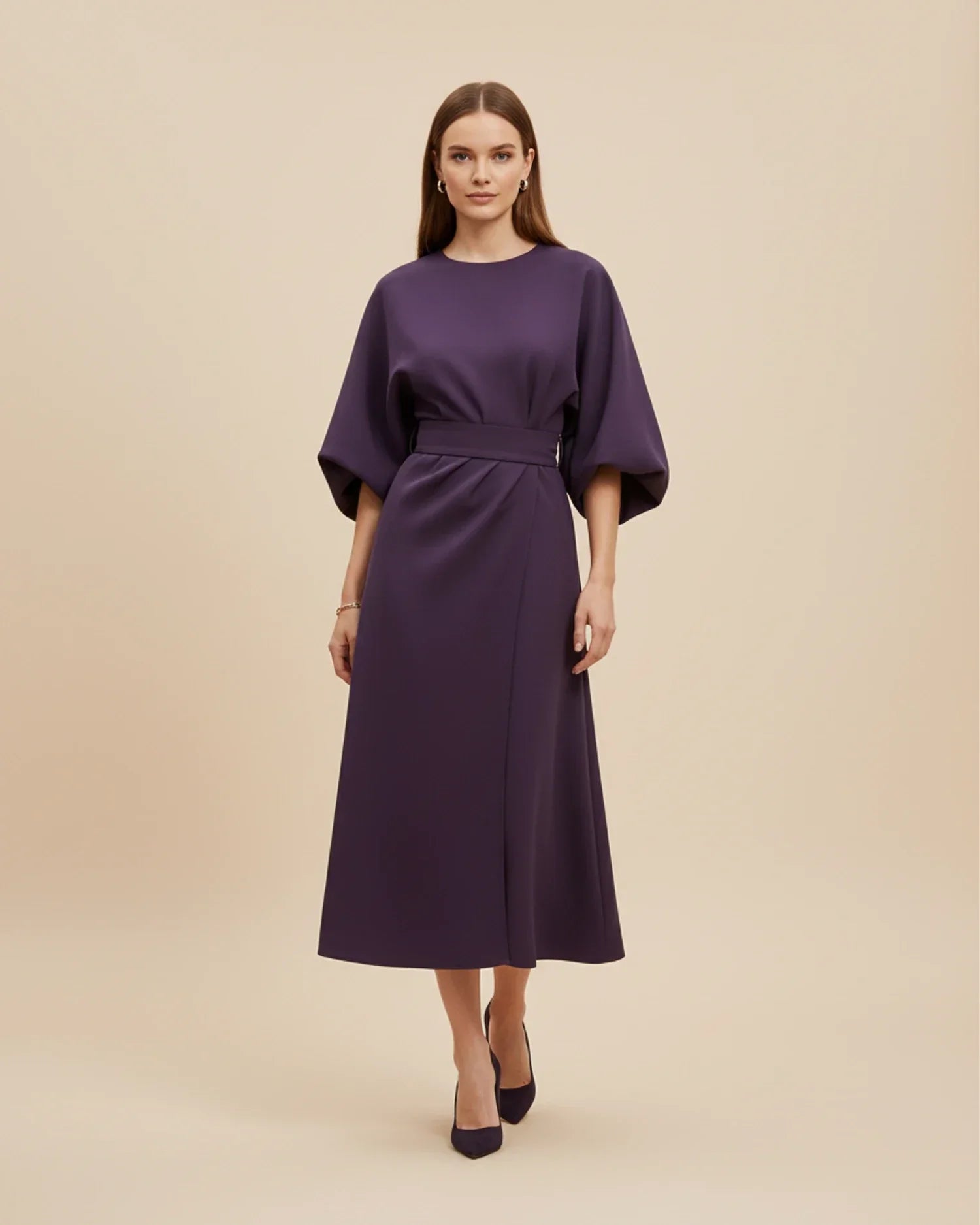 Dames Midi Jurk Lantaarnmouwen met Riem
