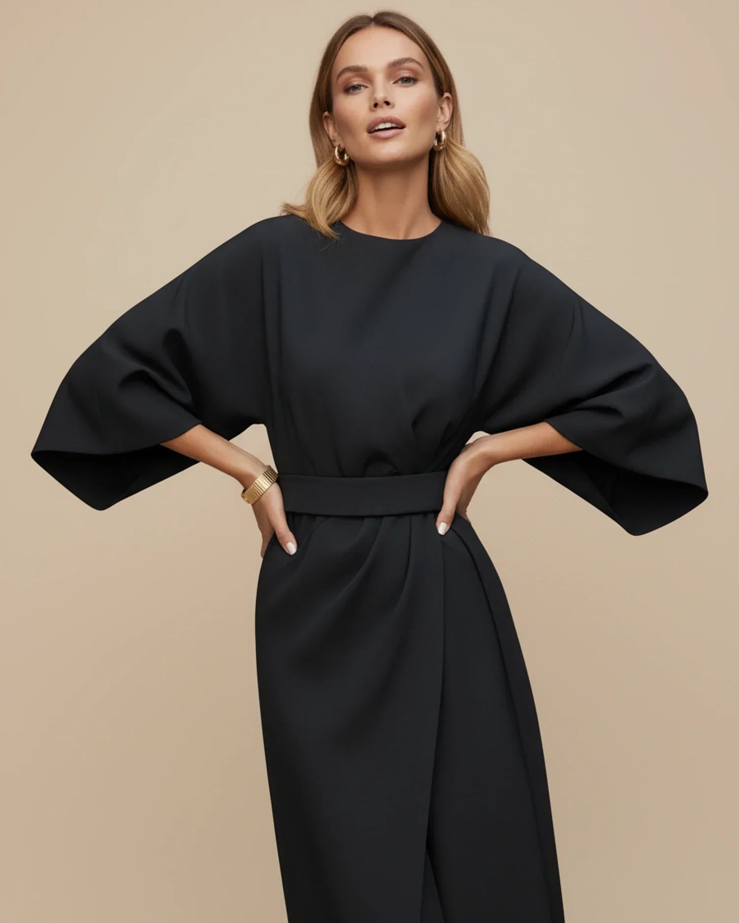 Dames Midi Jurk Lantaarnmouwen met Riem