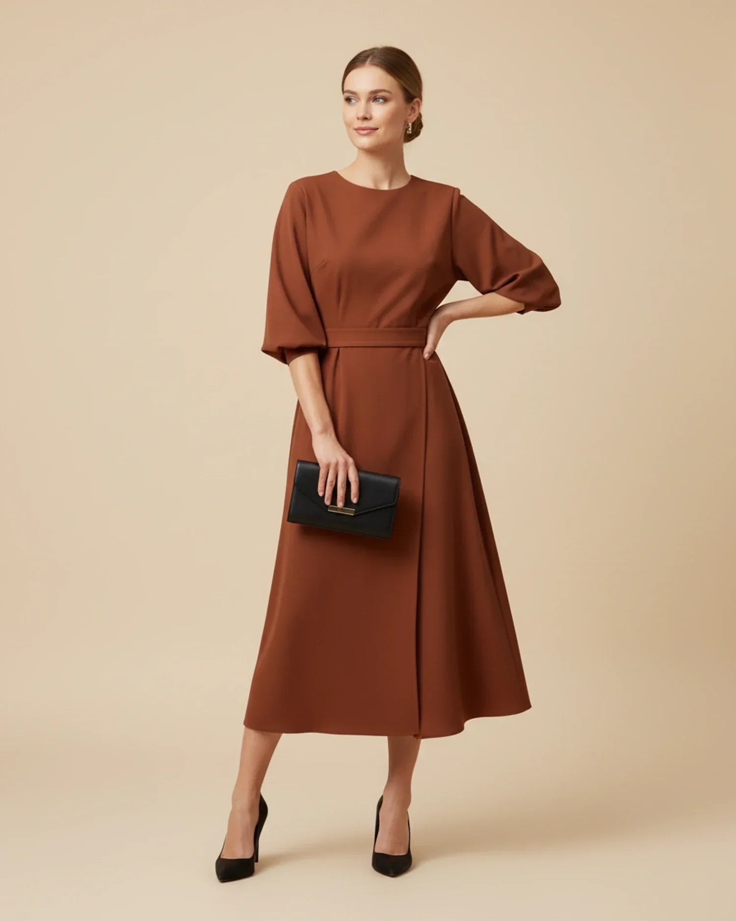 Dames Midi Jurk Lantaarnmouwen met Riem