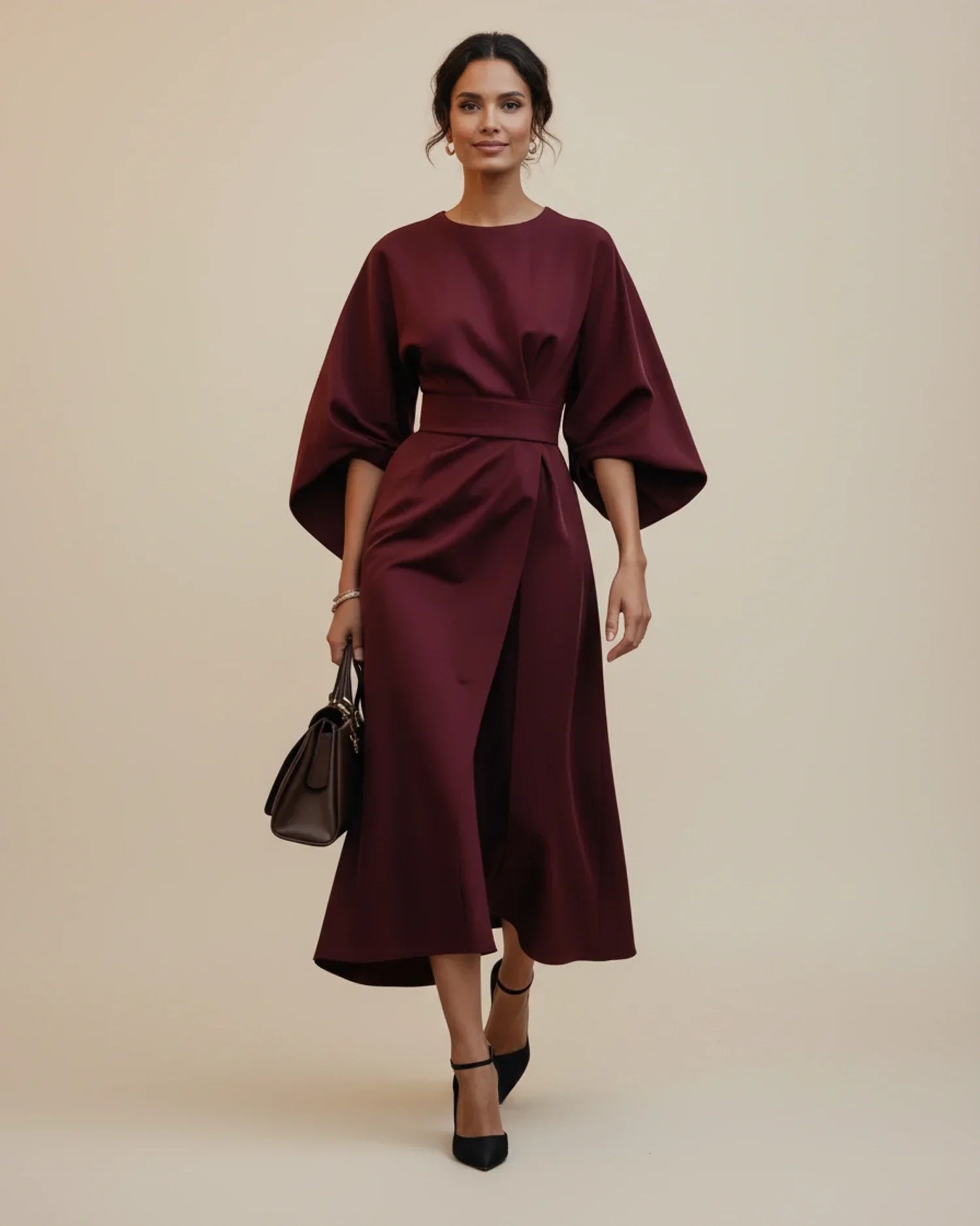 Dames Midi Jurk Lantaarnmouwen met Riem