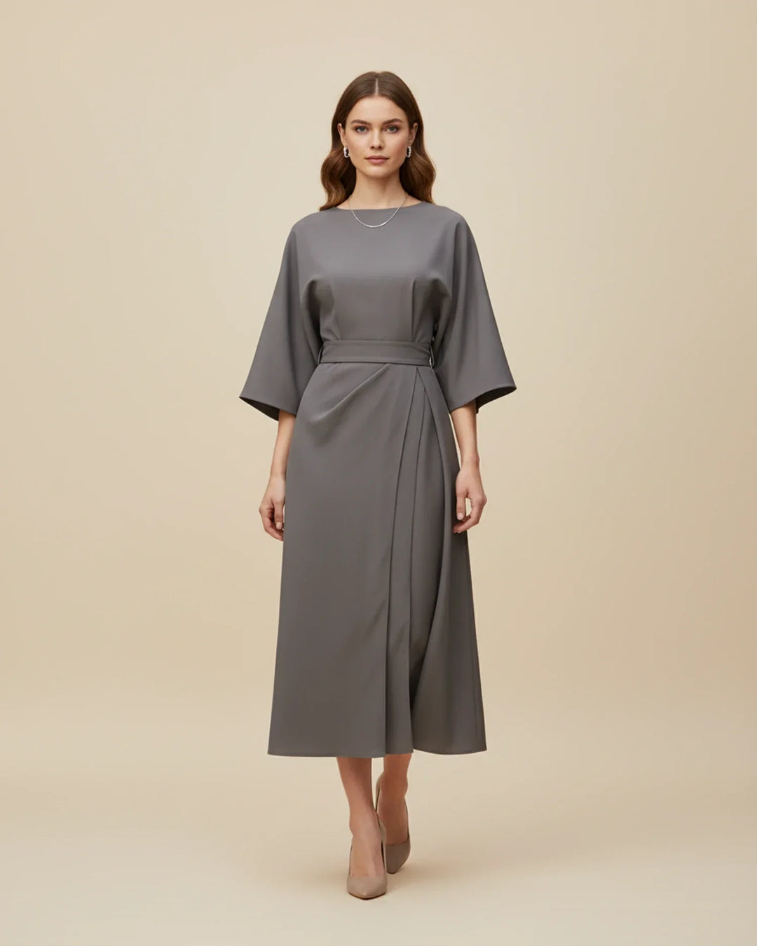 Dames Midi Jurk Lantaarnmouwen met Riem