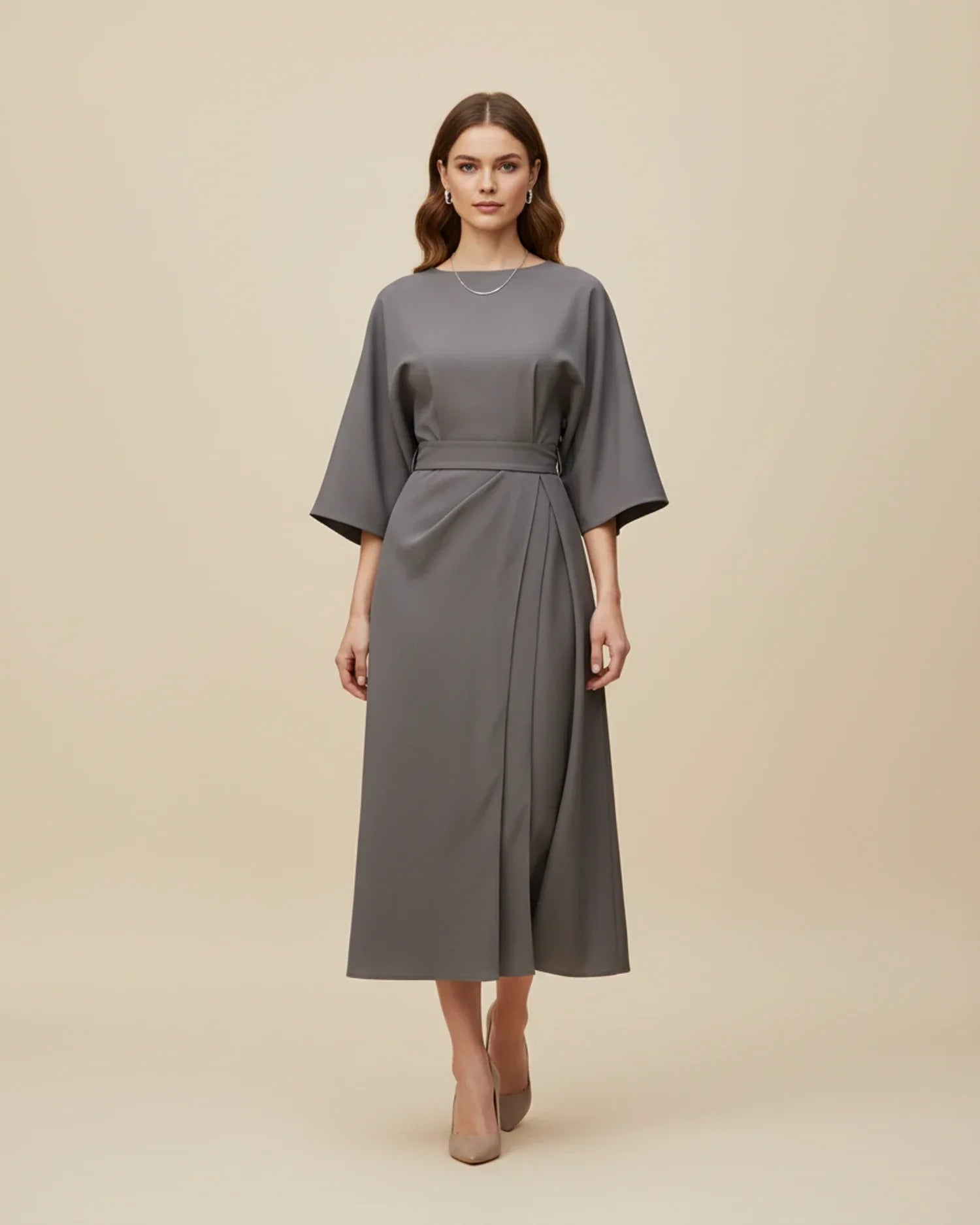 Dames Midi Jurk Lantaarnmouwen met Riem